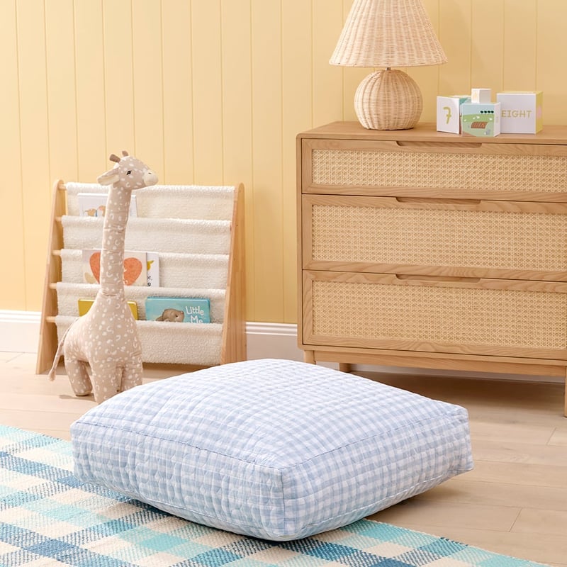 Vintage Washed Linen Dusty Blue Check Floor Cushion