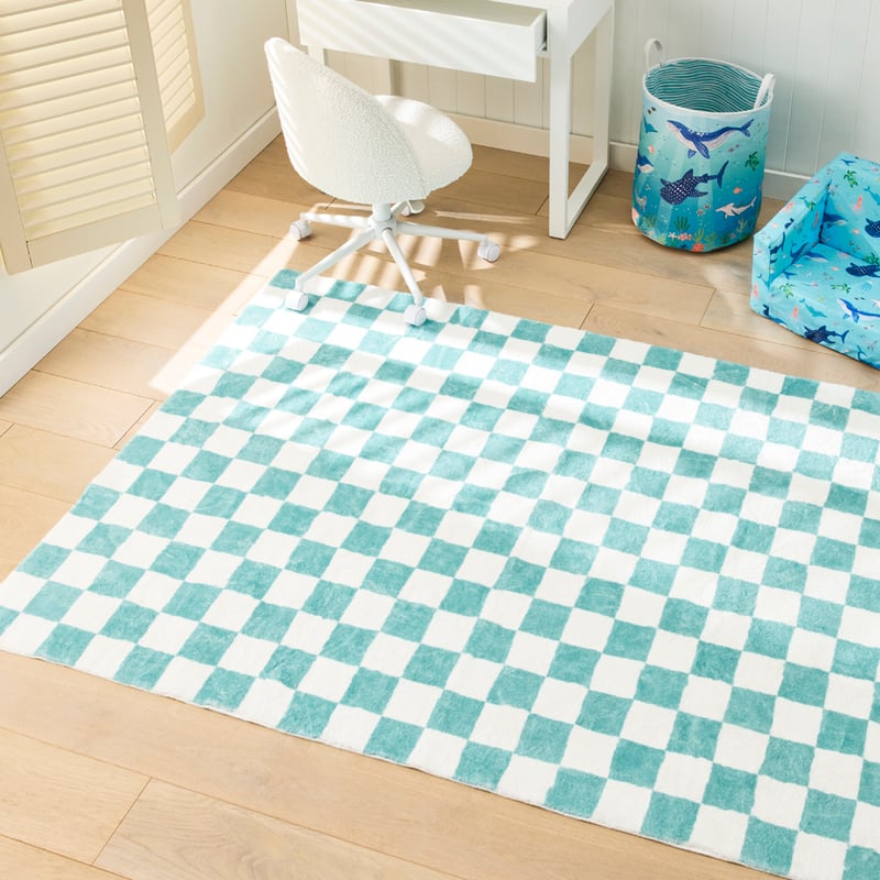 Blue Check Supersoft Washable Rug