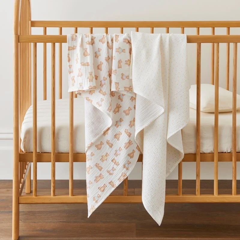 Natural Teddy Time Cotton Muslin Baby Swaddles 2pk