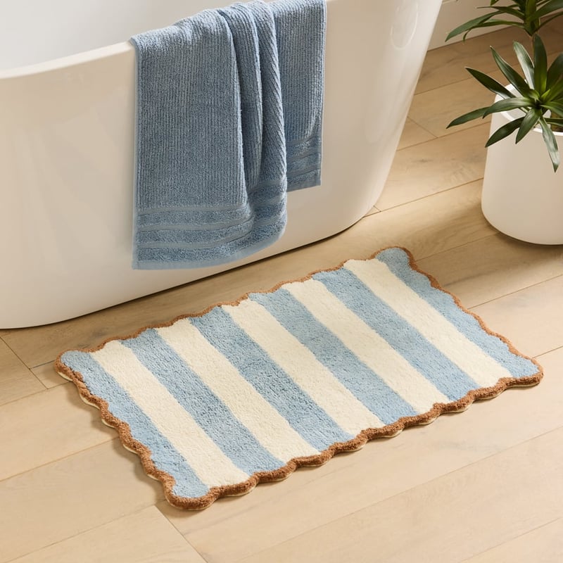 Scallop Stripe Chambray Blue & Bran Bath Mat