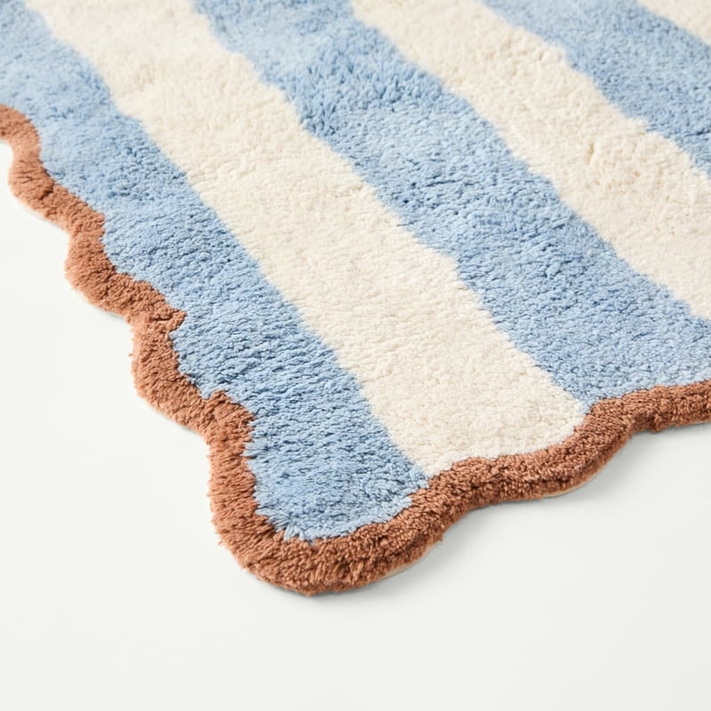 Scallop Stripe Chambray Blue & Bran Bath Mat
