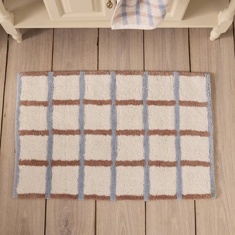 Cottage Bran & Chambray Blue Check Bath Mat