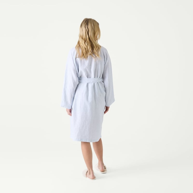 Vintage Washed Linen Dusty Blue & White Stripe Robe