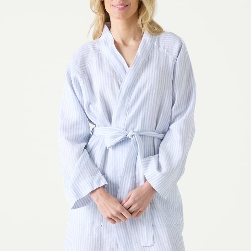 Vintage Washed Linen Dusty Blue & White Stripe Robe