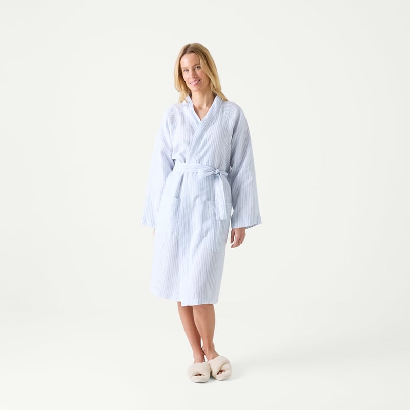 Vintage Washed Linen Dusty Blue & White Stripe Robe