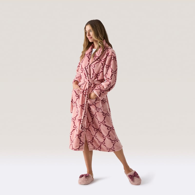 Printed Ultra Soft Pink & Wine Bow Bathrobe