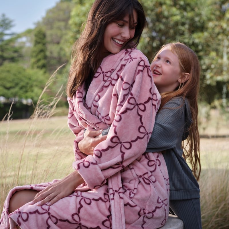 Printed Ultra Soft Pink & Wine Bow Bathrobe