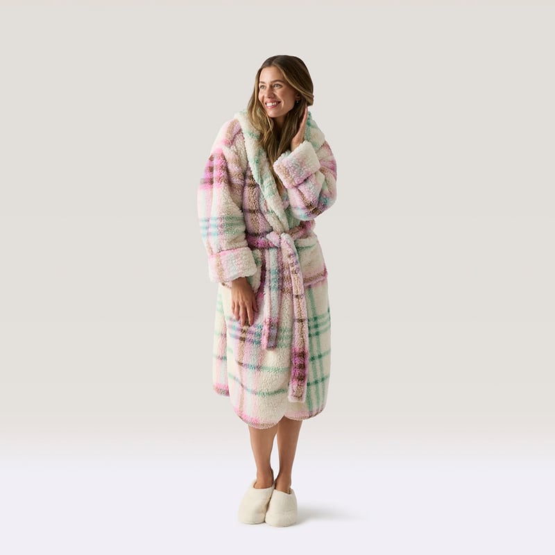 Printed Sherpa Natural Multi Hooded Robe
