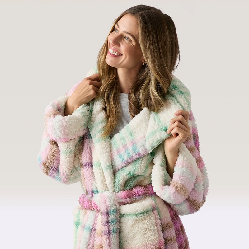 Printed Sherpa Natural Multi Hooded Robe