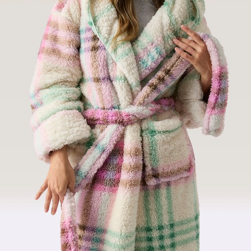 Printed Sherpa Natural Multi Hooded Robe