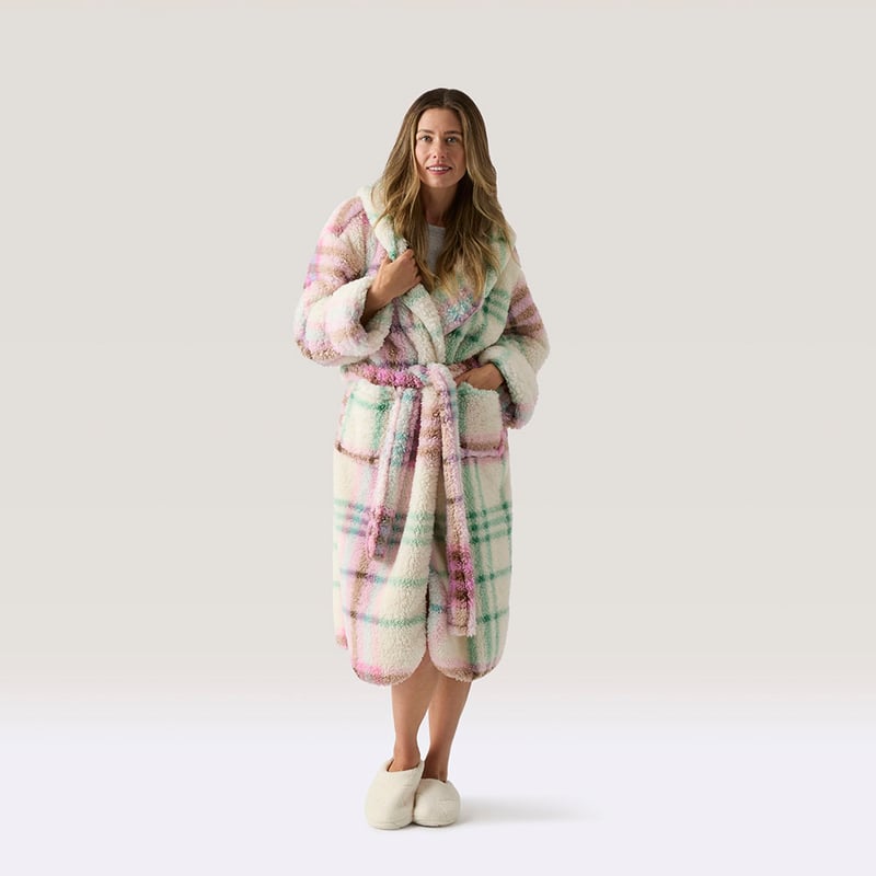 Printed Sherpa Natural Multi Hooded Robe