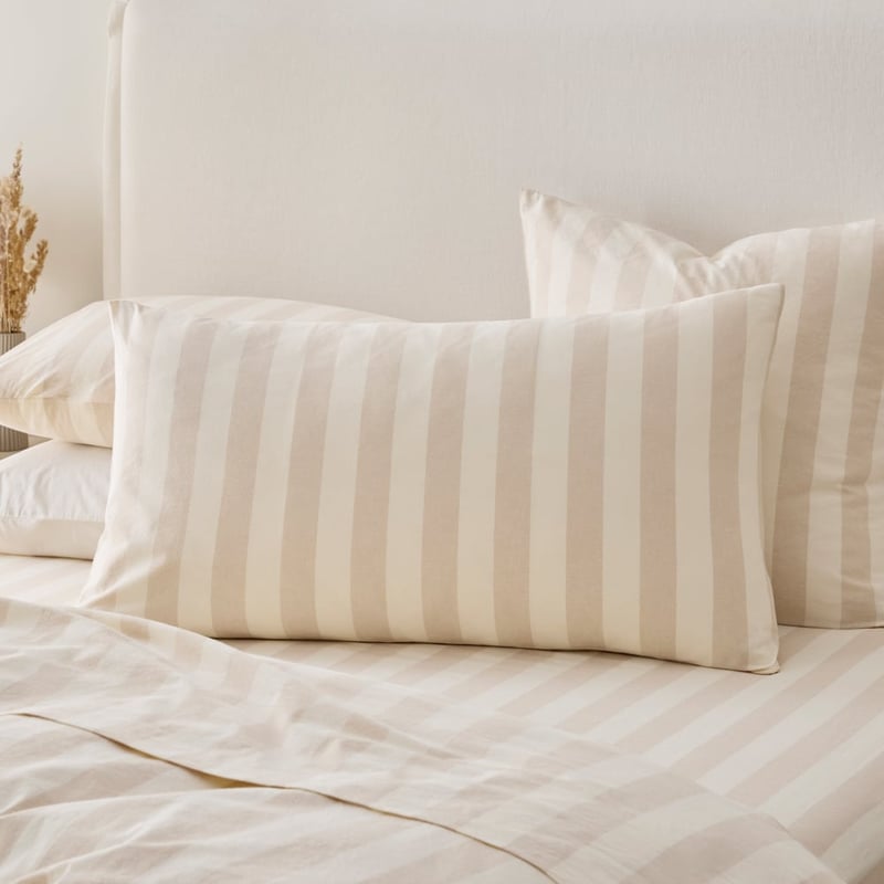 Stonewashed Cotton Natural Block Stripe Sheet Set