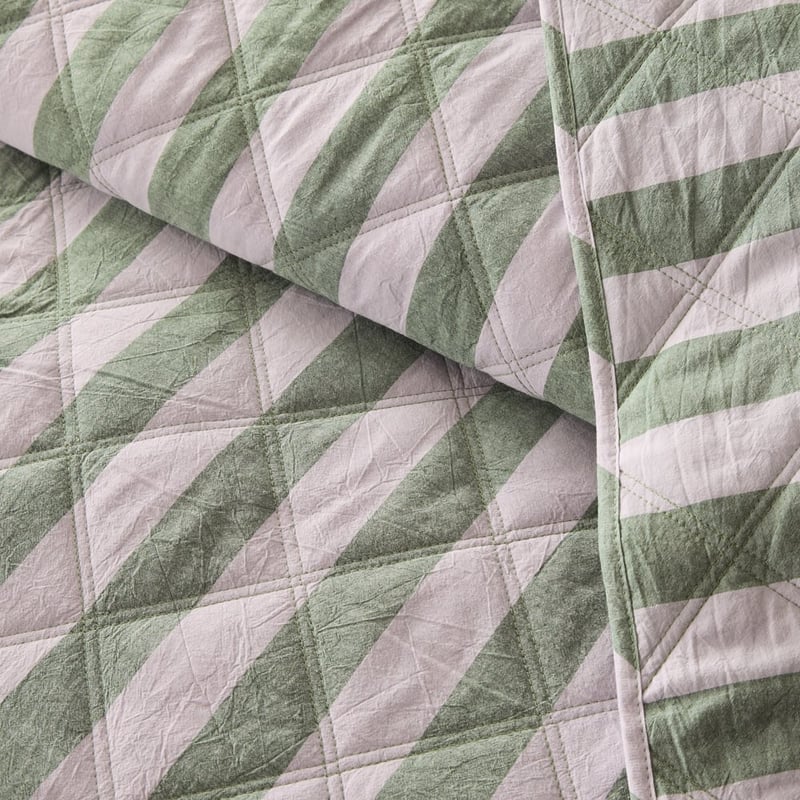 Stonewashed Cotton Emerald & Lilac Block Stripe Quilted Pillowcases