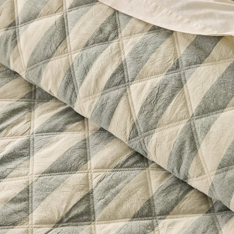 Stonewashed Cotton Basil & Pistachio Block Stripe Quilted Pillowcases