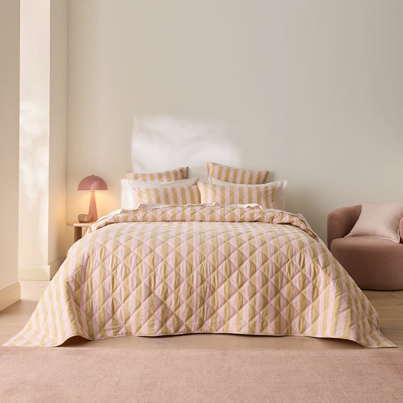 Stonewashed Cotton Pink & Olive Oil Block Stripe Quilted Pillowcases