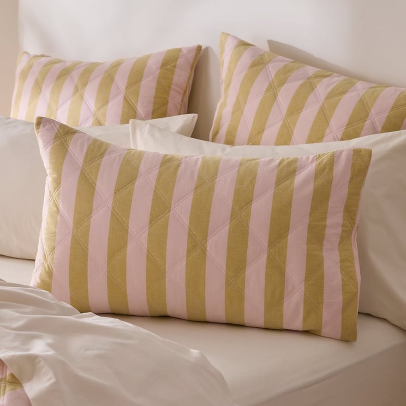 Stonewashed Cotton Pink & Olive Oil Block Stripe Quilted Pillowcases