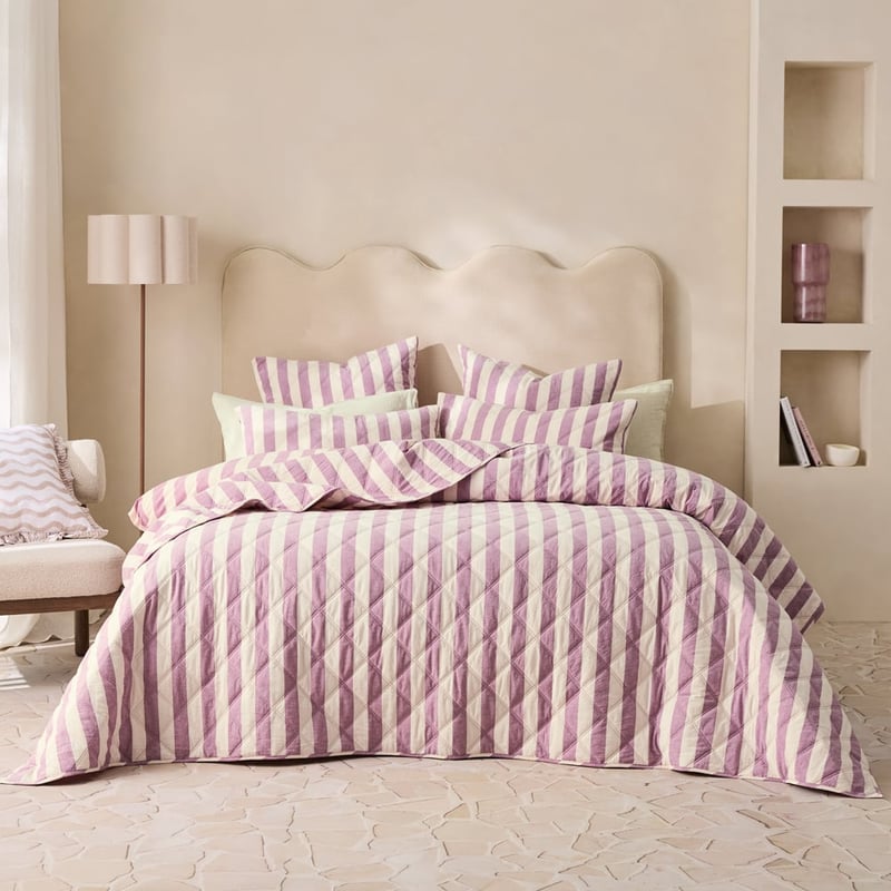 Stonewashed Cotton Berry Block Stripe Quilted Coverlet Separates