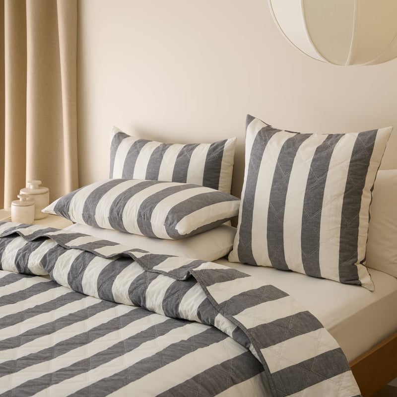 Stonewashed Cotton Black & Coconut Wide Stripe Quilted Pillowcases