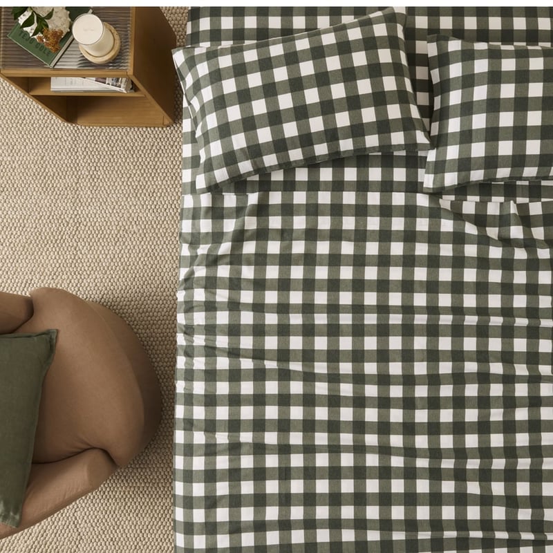 Flannelette Plain Dye Green Gingham Sheet Set