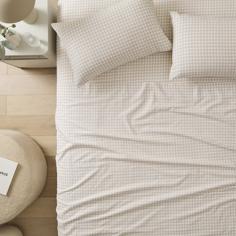 Flannelette Natural Gingham Printed Sheet Set