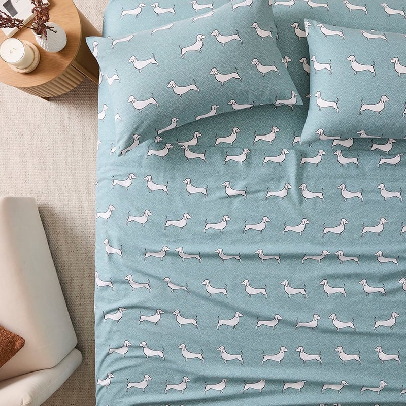 Flannelette Teal Dachshunds Printed Sheet Set