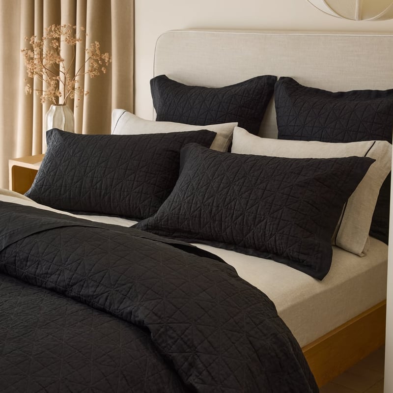 Vintage Washed Linen Liquorice Quilted Coverlet Separates