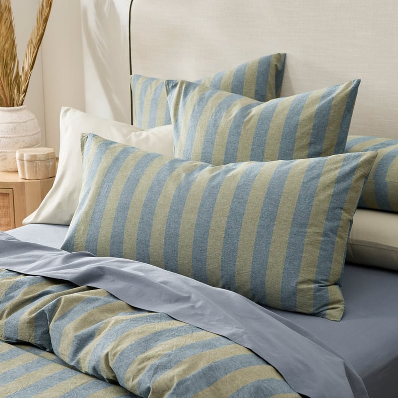 Stonewashed Cotton Olive and Denim Block Stripe Pillowcases