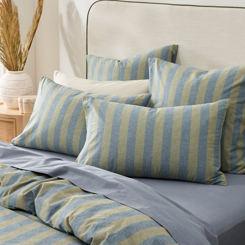 Stonewashed Cotton Olive and Denim Block Stripe Pillowcases
