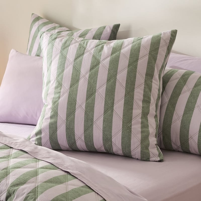 Stonewashed Cotton Emerald & Lilac Block Stripe Quilted Pillowcases