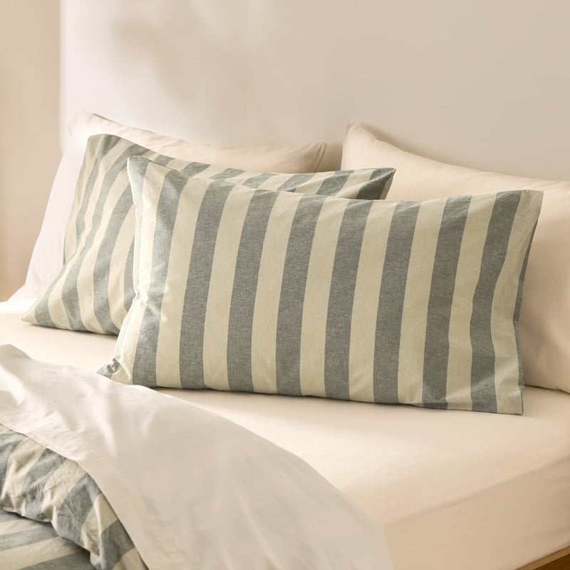 Stonewashed Cotton Basil & Pistachio Block Stripe Pillowcases