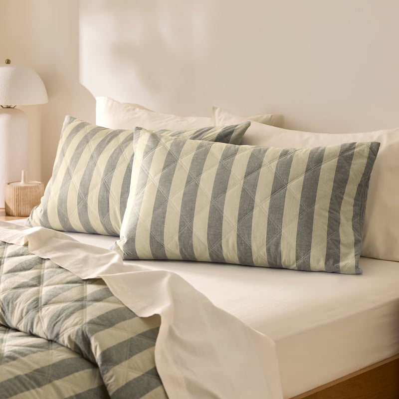 Stonewashed Cotton Basil & Pistachio Block Stripe Quilted Pillowcases