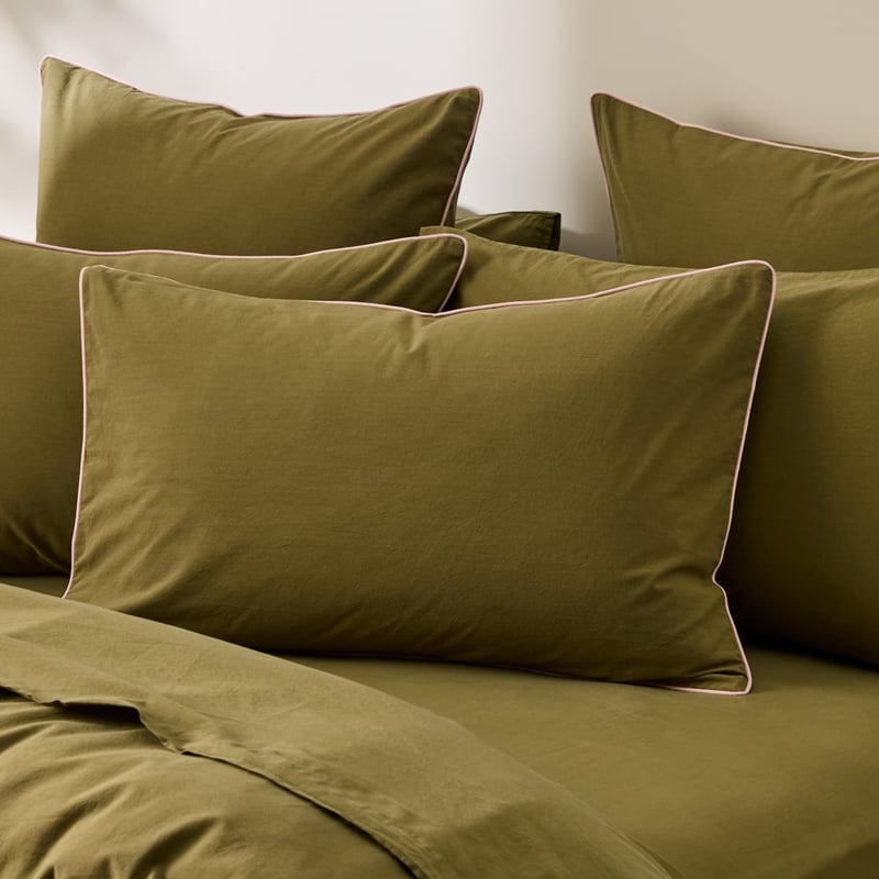 Stonewashed Cotton Olive & Peony Piped Pillowcases