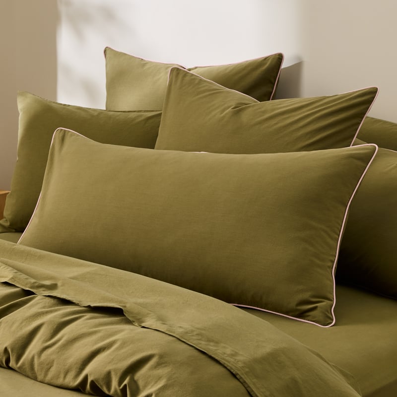 Stonewashed Cotton Olive & Peony Piped Pillowcases