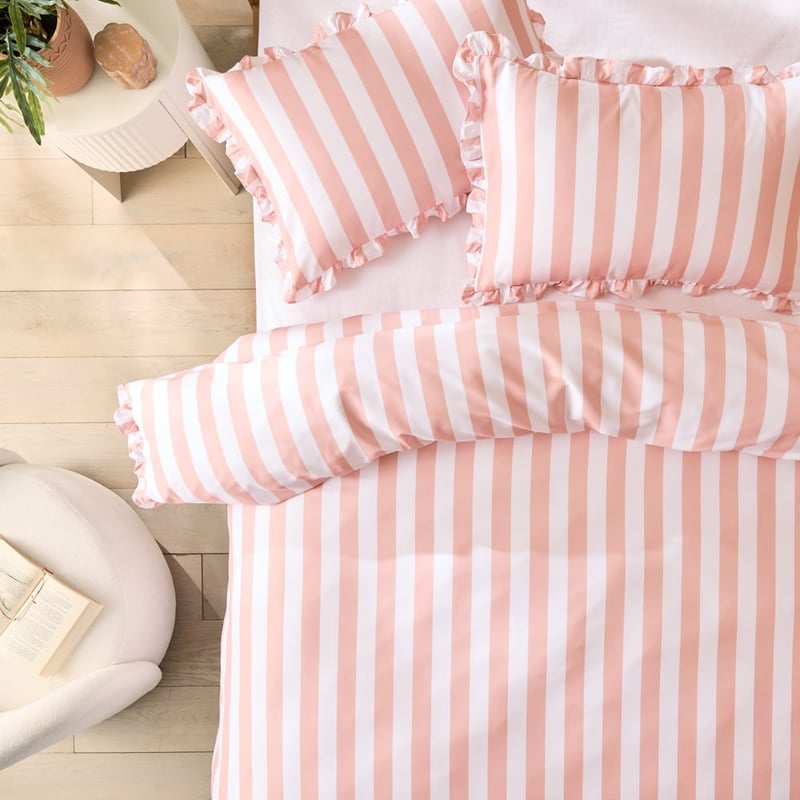 Microfibre Ruffle Pink Stripe Quilt Cover Set