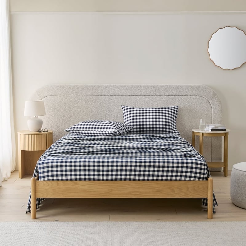 Stonewashed Cotton Denim Gingham Sheet Set