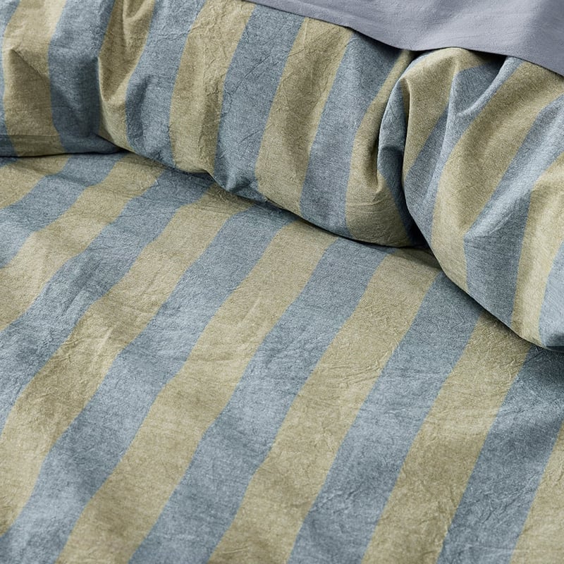 Stonewashed Cotton Olive and Denim Block Stripe Quilt Cover Separates