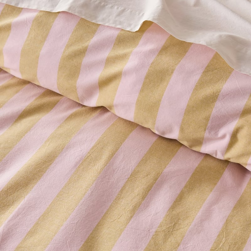 Stonewashed Cotton Pink & Olive Oil Block Stripe Quilt Cover Separates