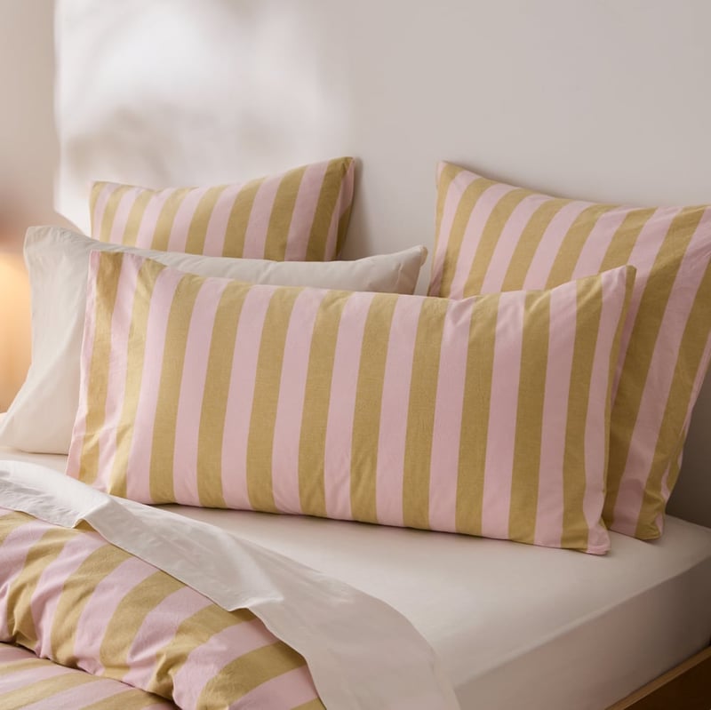 Stonewashed Cotton Pink & Olive Oil Block Stripe Quilt Cover Separates