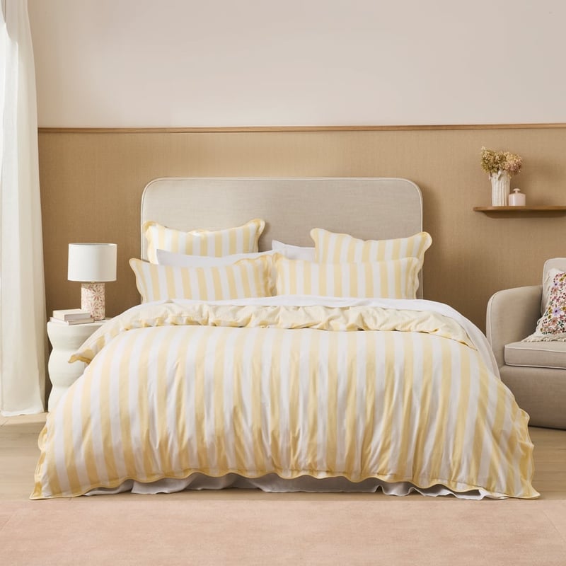 Evie Scallop Lemon Stripe Quilt Cover Set + Separates