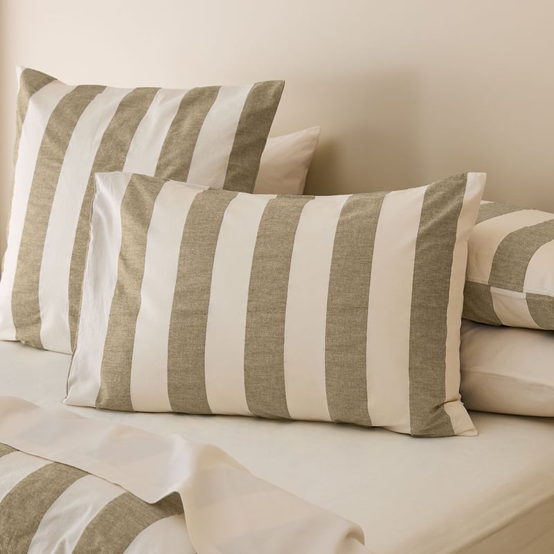 	Stonewashed Cotton Olive & Coconut Wide Stripe Pillowcases