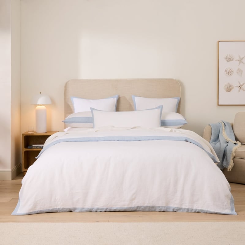 Vintage Washed Linen White & Dusty Blue Border Pillowcases