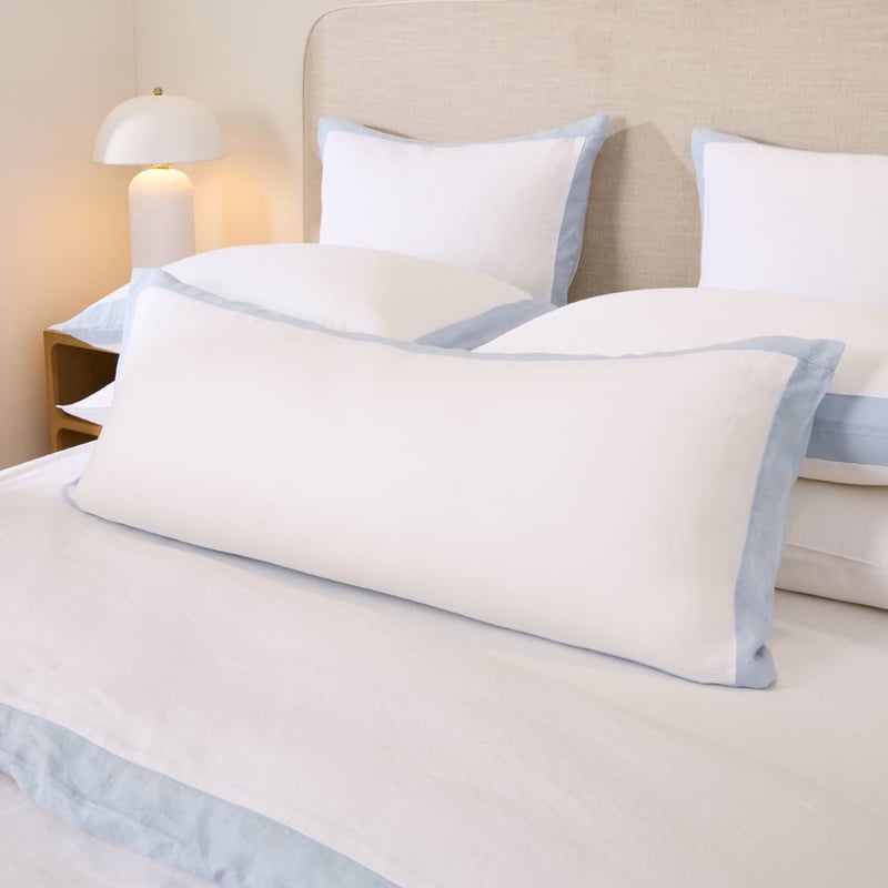 Vintage Washed Linen White & Dusty Blue Border Pillowcases