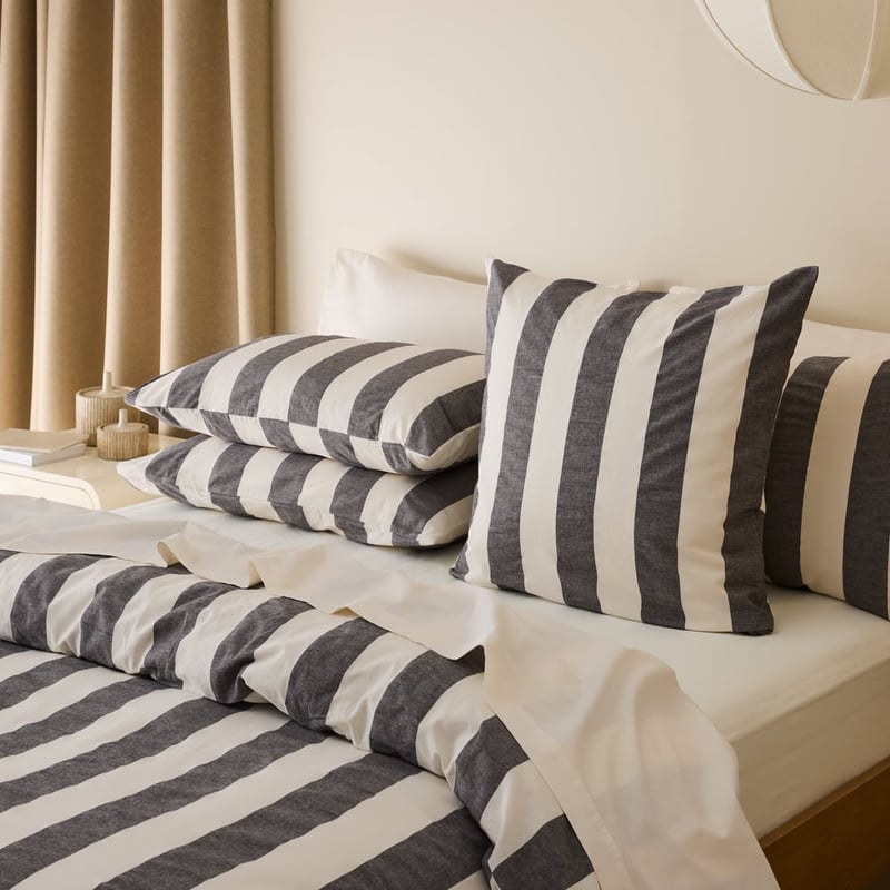 Stonewashed Cotton Black & Coconut Wide Stripe Pillowcases
