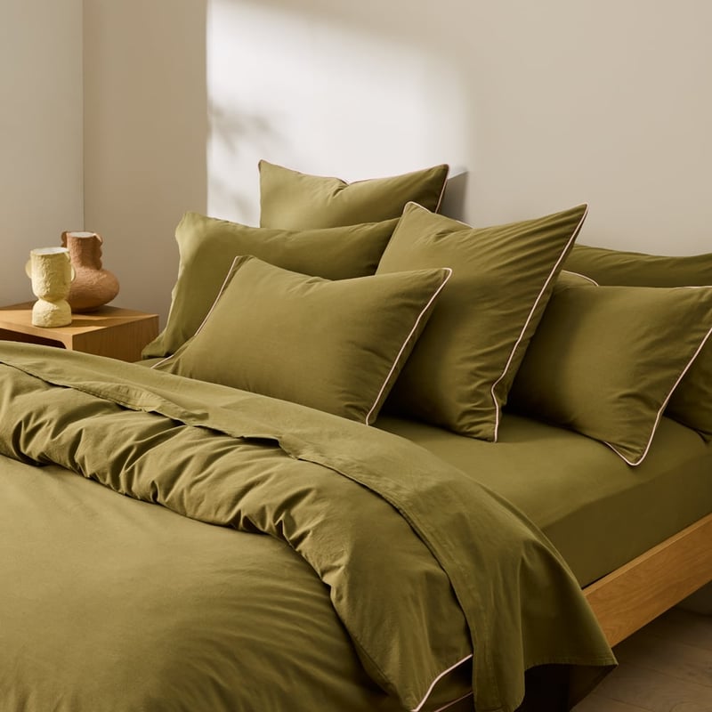 Stonewashed Cotton Olive & Peony Piped Quilt Cover Separates