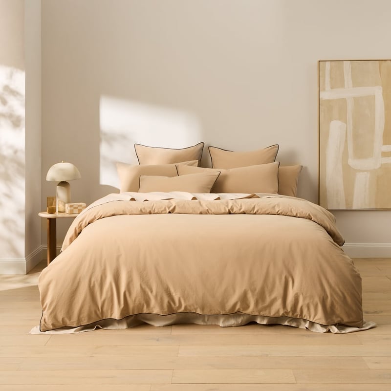 Stonewashed Cotton Sesame & Black Piped Quilt Cover Separates