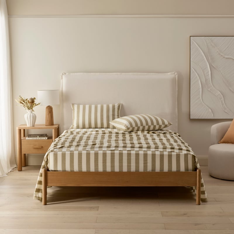 Stonewashed Cotton Olive & Coconut Stripe Sheet Set