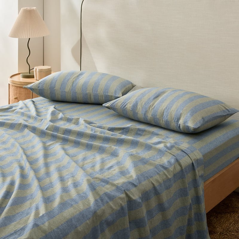 Stonewashed Cotton Olive and Denim Block Stripe Sheet Separates