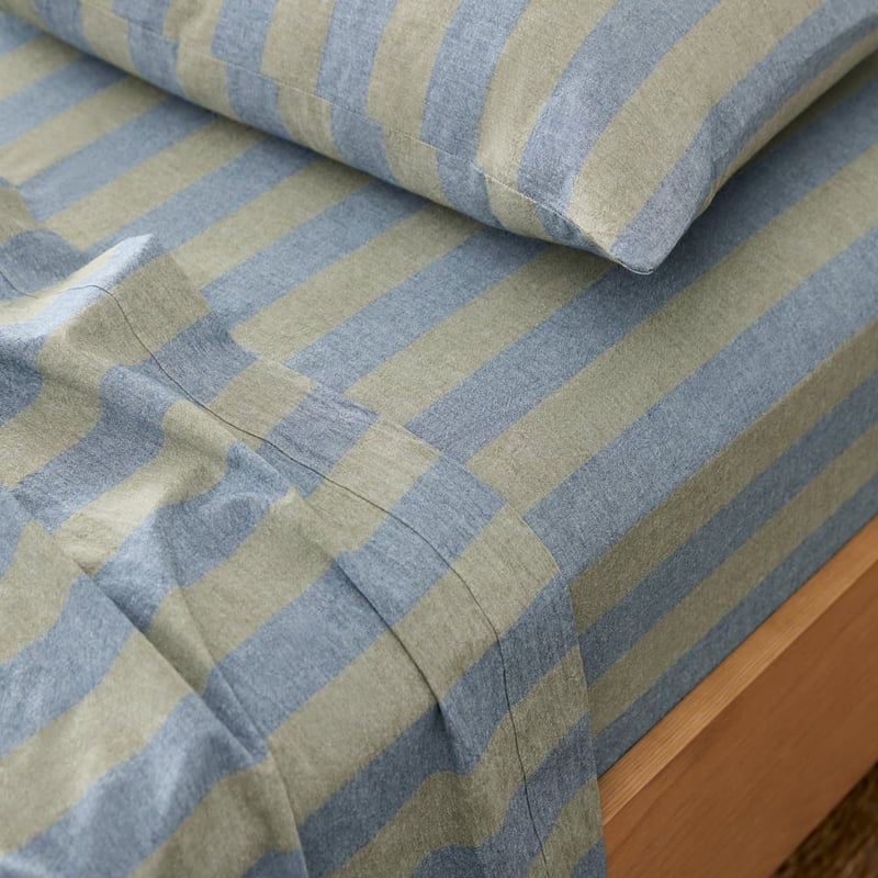 Stonewashed Cotton Olive and Denim Block Stripe Sheet Separates