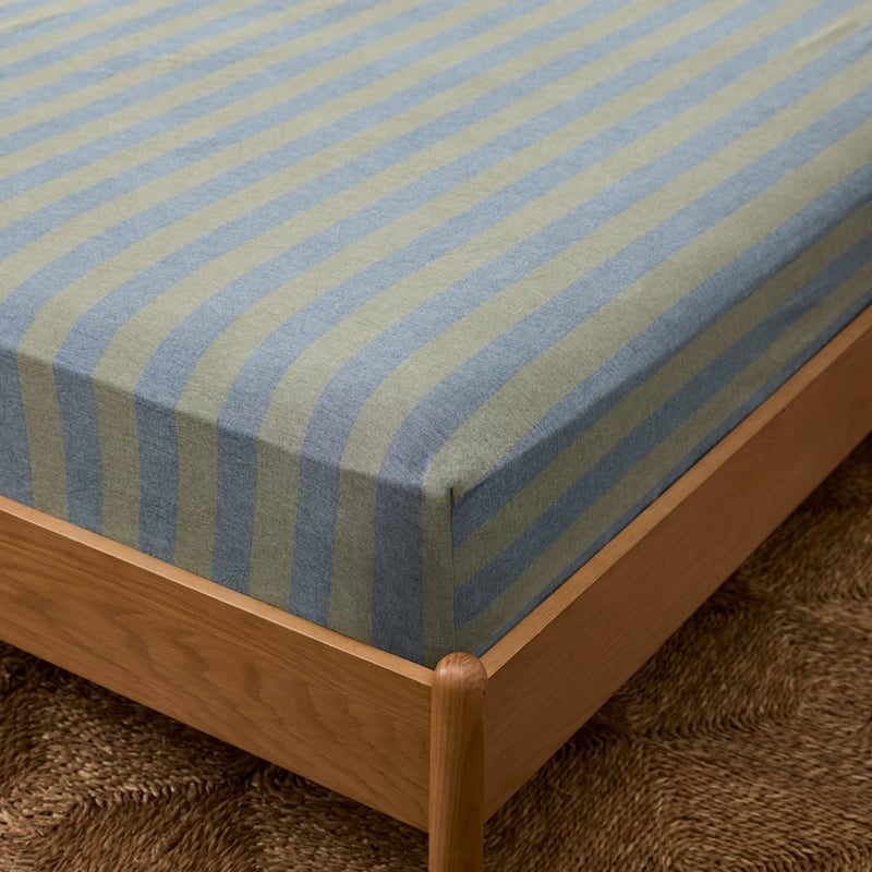 Stonewashed Cotton Olive and Denim Block Stripe Sheet Separates