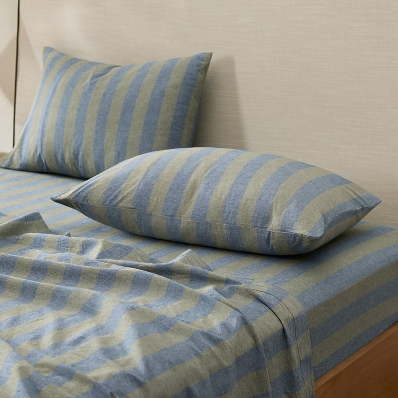 Stonewashed Cotton Olive and Denim Block Stripe Sheet Separates